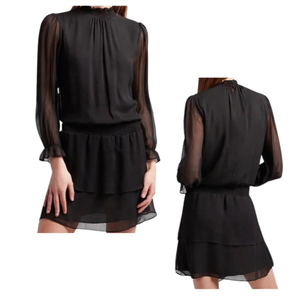 LBD Express Black Smocked dress style with sheer sleeves.